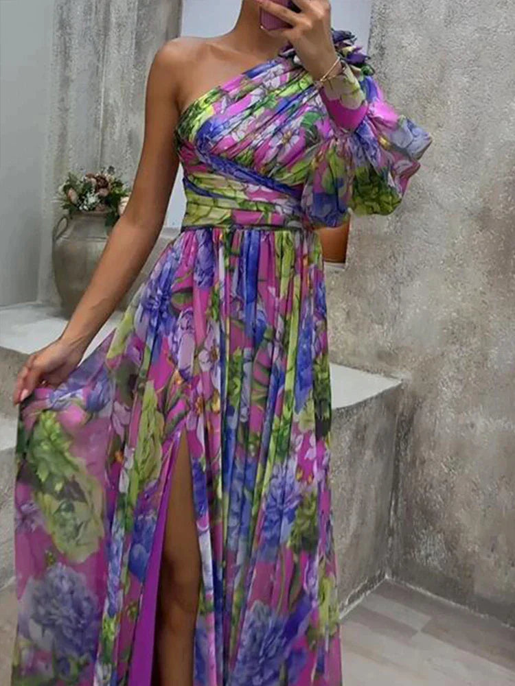 GR | Maxi dress with sexy side slit and one sleeve in purple print