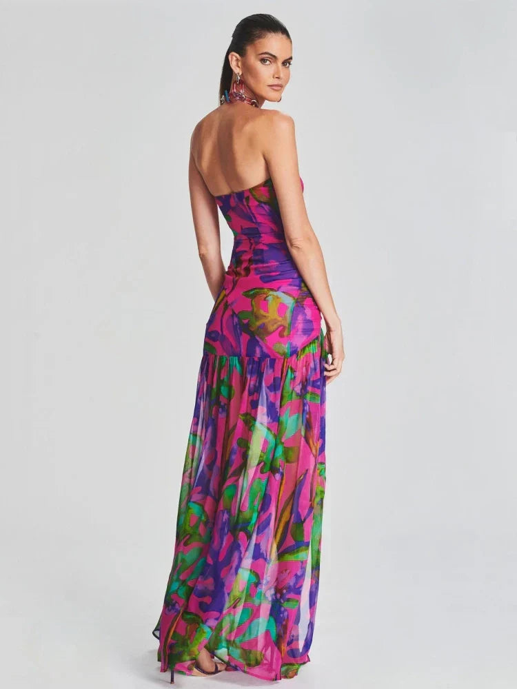 GR | New Summer Print Strapless Mesh Patchwork Slit Long Dress Women Sexy Sleeveless Printed Colorful Holiday Maxi Dress Party