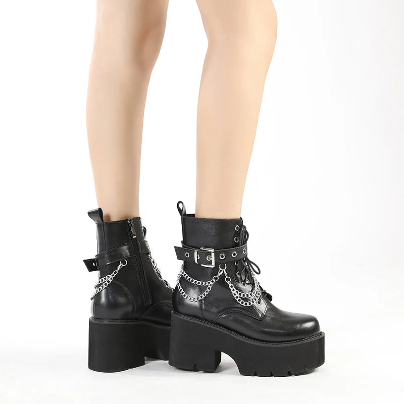 GR | Women's Platform Shoes Black Gothic Buckle PU Leather Creeper Punk Shoes Female Black Ankle Boots Short Combat Boots for Women