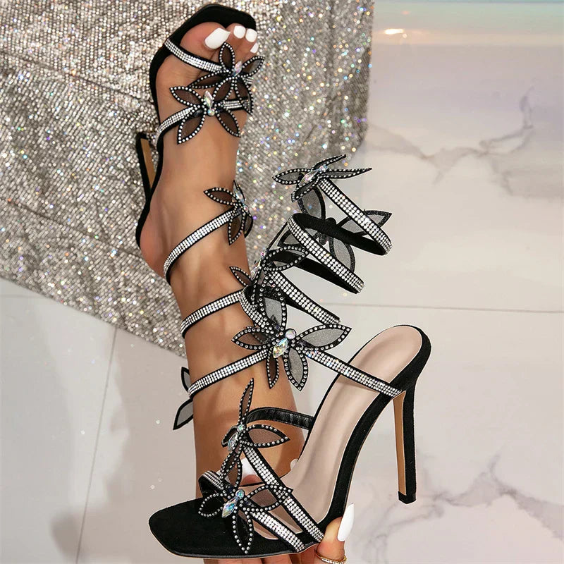 GR | Eilyken Fashion Sexy Peep Toe Crystal Butterfly Knot Ankle Strap Sandals Women's Stiletto High Heels Shoes Banquet Party Pumps Shoes