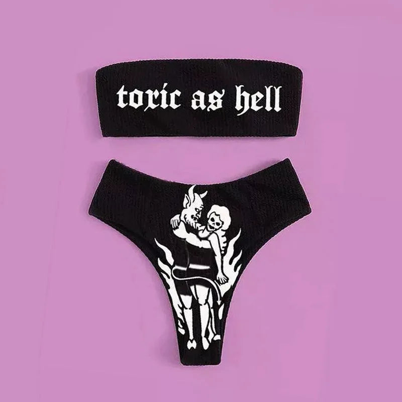 GR | Sexy Goth Bikini Women's Letter Skull Print Swimsuit Split Swimsuit High Waist Gothic Bikini Set Beach Outfits