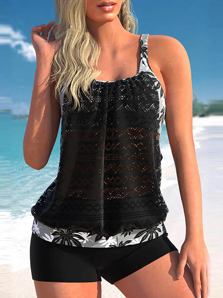 GR | Plus Size Tankini Set with Lace Seam and Leaf Pattern
