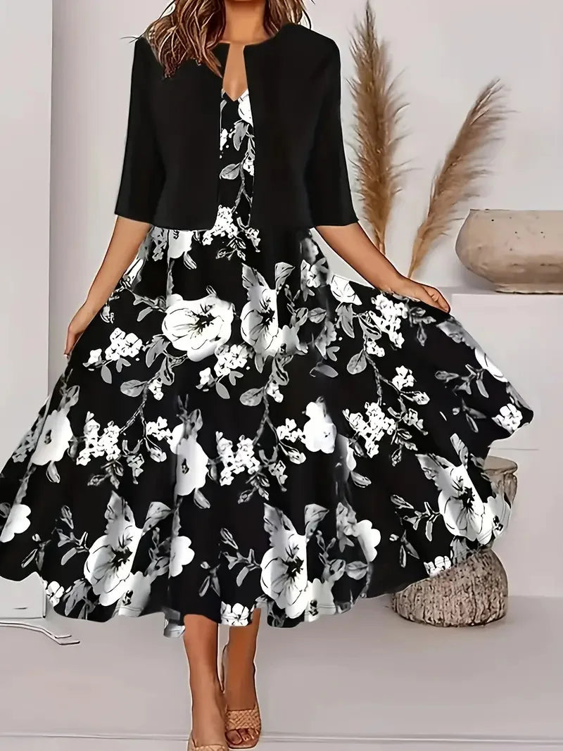 GR | New for summer! EU US Autumn Women's 2 Long Dress Set Floral and Grass Dot Crew Neck Dress with Chiffon Short Jacket