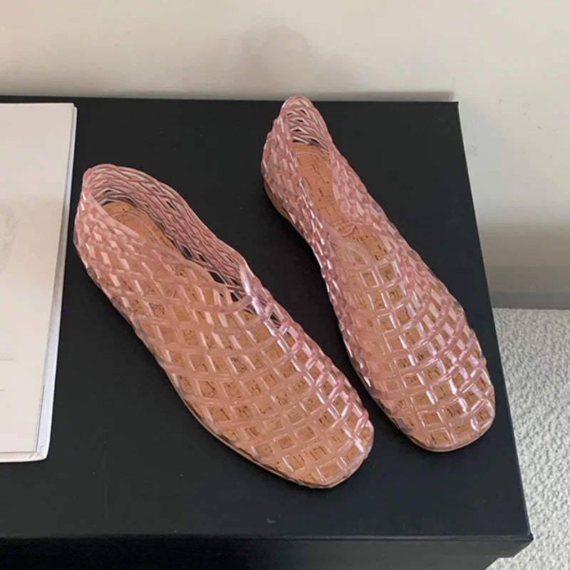 GR | Summer Jelly Shoes Women's Fashion Transparent Mesh Hollow Out Beach Shoes Ladies Flat Sandals Coloured Round Toe Jelly Sandals