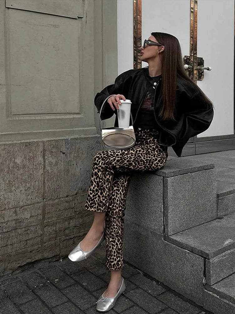 GR Leopard Print Jeans | Stylish slim streetwear women's pencil-style trousers