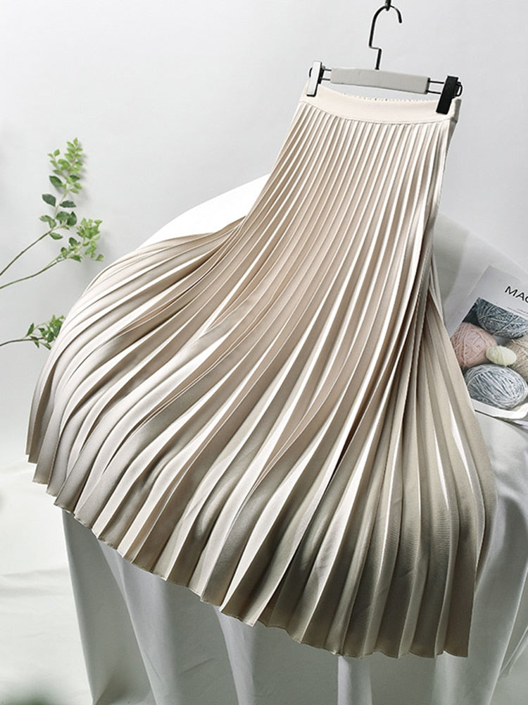 GR Designer Women's Elegant Chic Solid Pleated Skirt High Waist Luxury Fashion