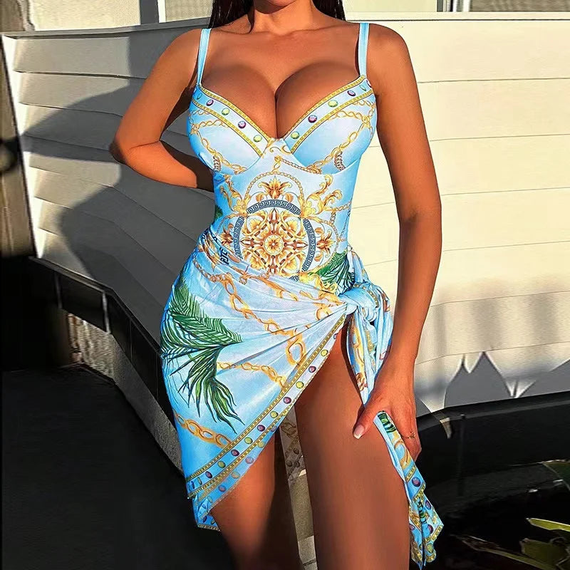GR | Luxury New Two Piece Women's Bikini Set Push Up Floral Print Bikini Strappy Bandage Swimwear Brazilian Biquini Swimsuit