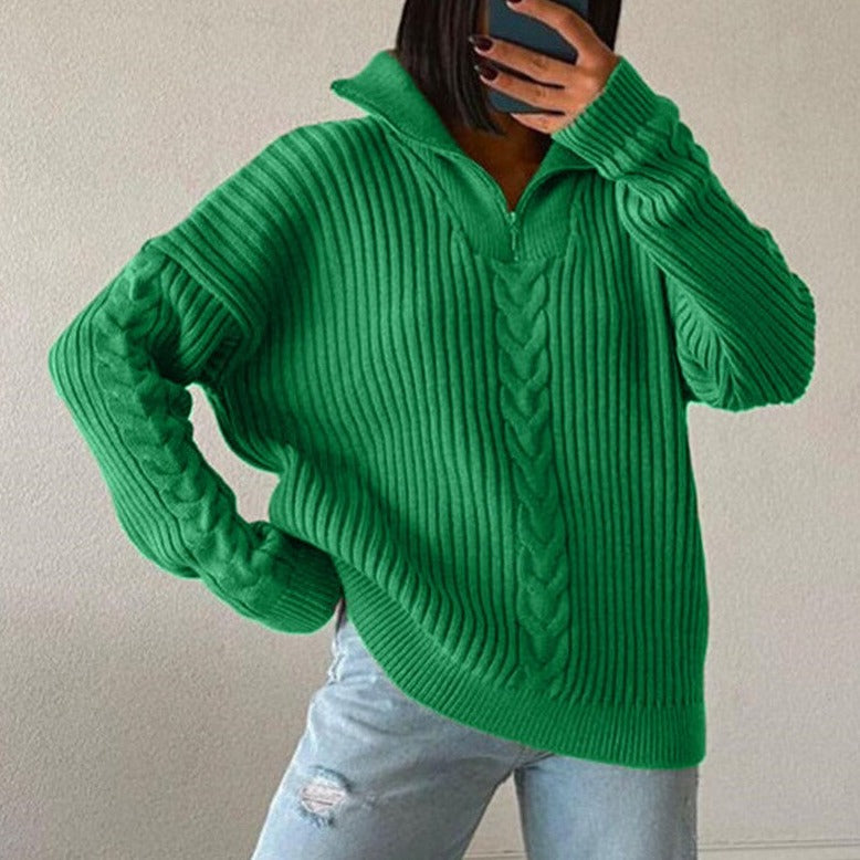 GR V-Sweater | Bequemer Zopfpullover mit V-Ausschnitt, Rollkragen und Reißverschluss