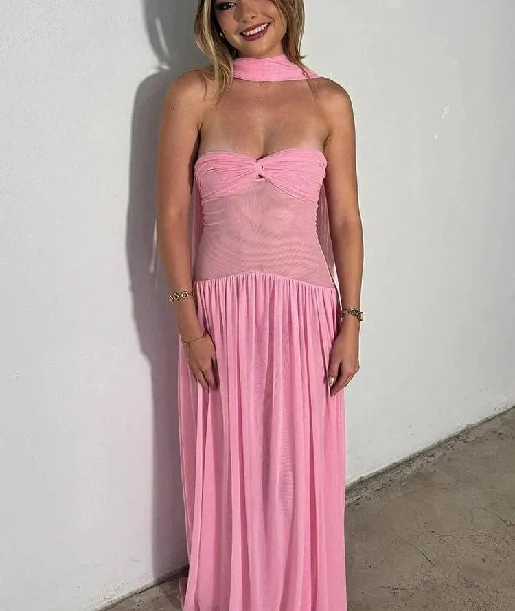 GR | Patchwork Maxi Dress Scarf Backless Strapless Ruffled Banquet