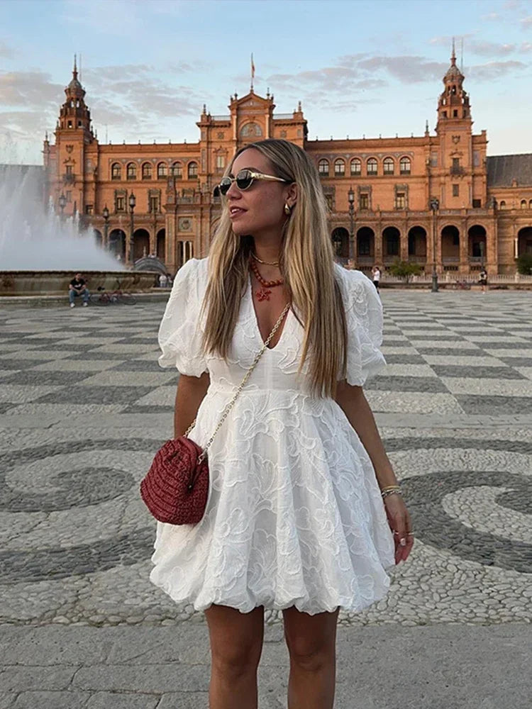 GR | Dress with Embroidered Puff Sleeves for Women