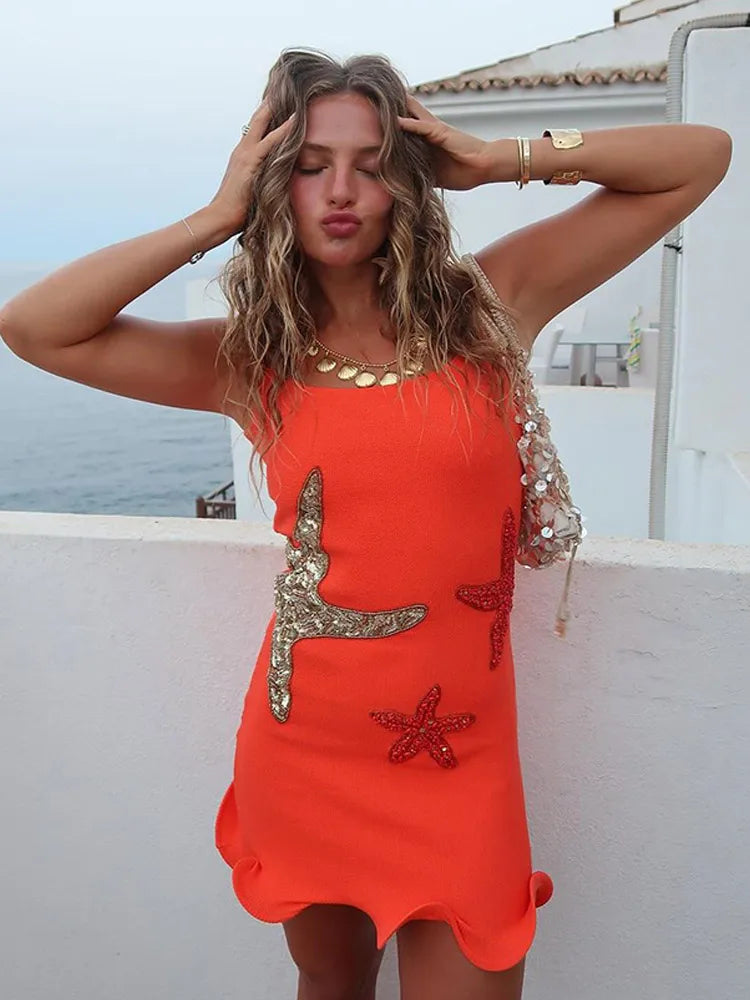 GR | Chic Shinny Seestern Print Rüschensaum Mini Kleid Fashion Bodycon Ärmellos Rückenfrei Kurz Vestidos Sommer Weibliche Strandkleider