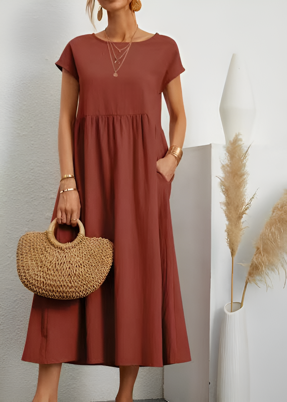 GR | Damen Baumwoll Leinen Midi Kleid