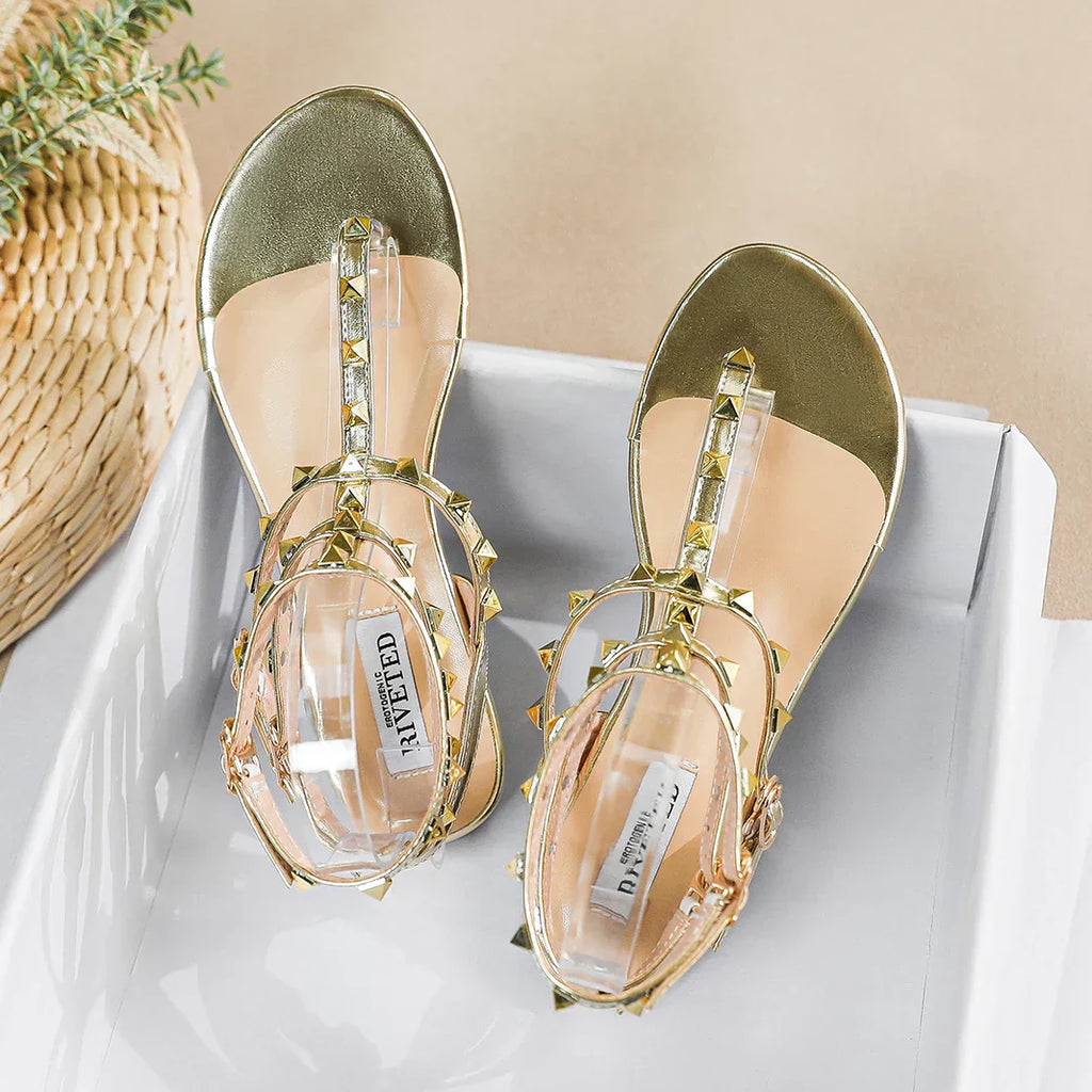 GR | New Summer Outdoor Women's Flat Sandals British Style Women's Casual Roman Flat Stylish Studded Design Work and Party