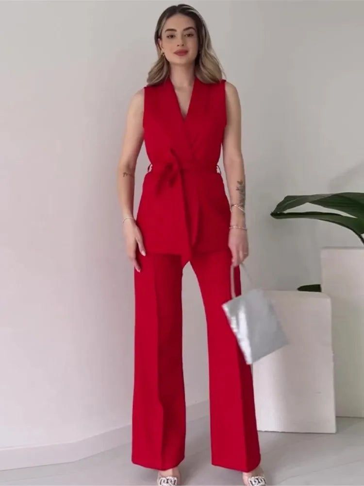 GR | Sleeveless blazer suit, tailored fit, wrap V-neck, wide-leg trousers