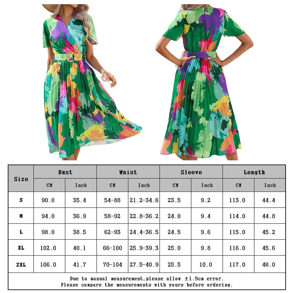 Plisseekleid mit Blumenmuster und Gürtel | Stilvolle Wickeloptik und kurze Ärmel