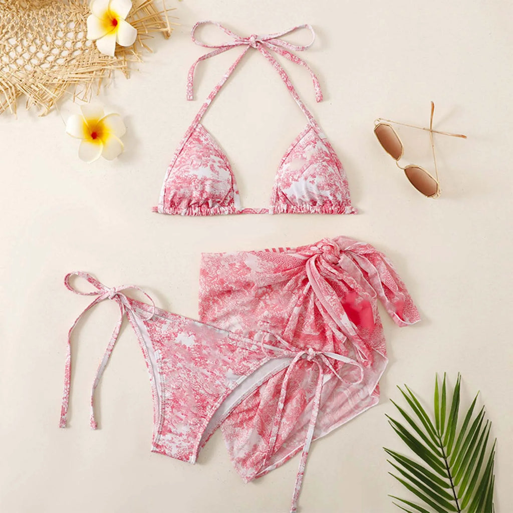GR | Women's Three-Piece Swimwear Summer Push-Up High Waist Bikini Set with Cover-Up Skirt Tie Dyed Swimming Swimsuit Beachwear