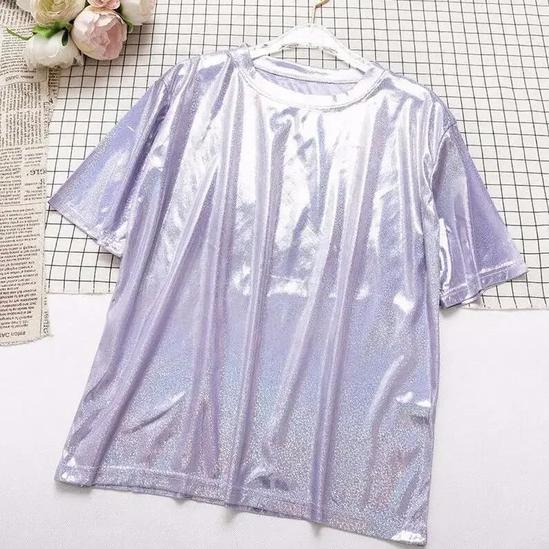 GR | S 5Xl Damen Funkelnd Shiny Metallisch Holografisch Rundhals Kurzarm Lässig Lose Top Festival Party T-Shirt Damenbekleidung