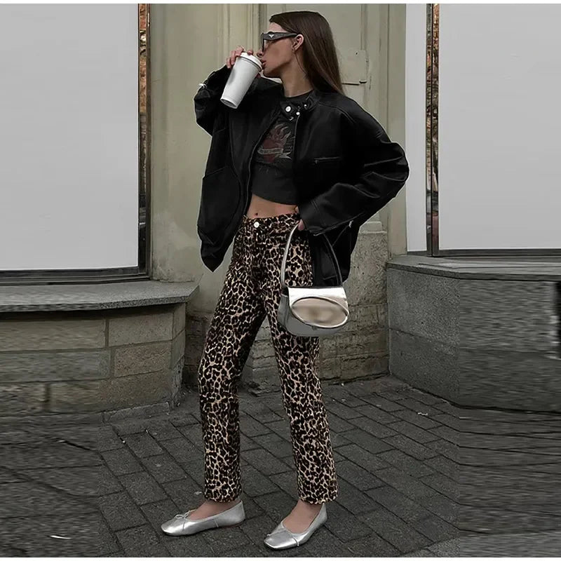 GR Leopard Print Jeans | Stylish slim streetwear women's pencil-style trousers
