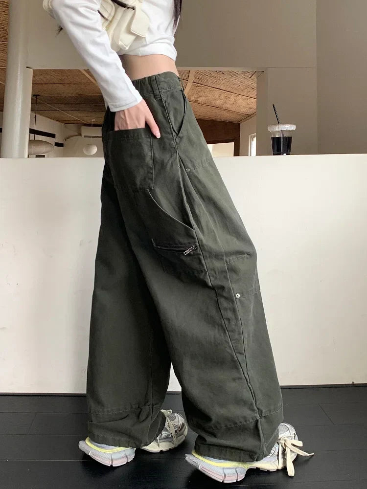 GR | Y2K Streetwear Vintage Grün Baggy Jeans Cargo-Hosen für Damen Designer Kleidung Weit Beinformte Legere Damenhosen