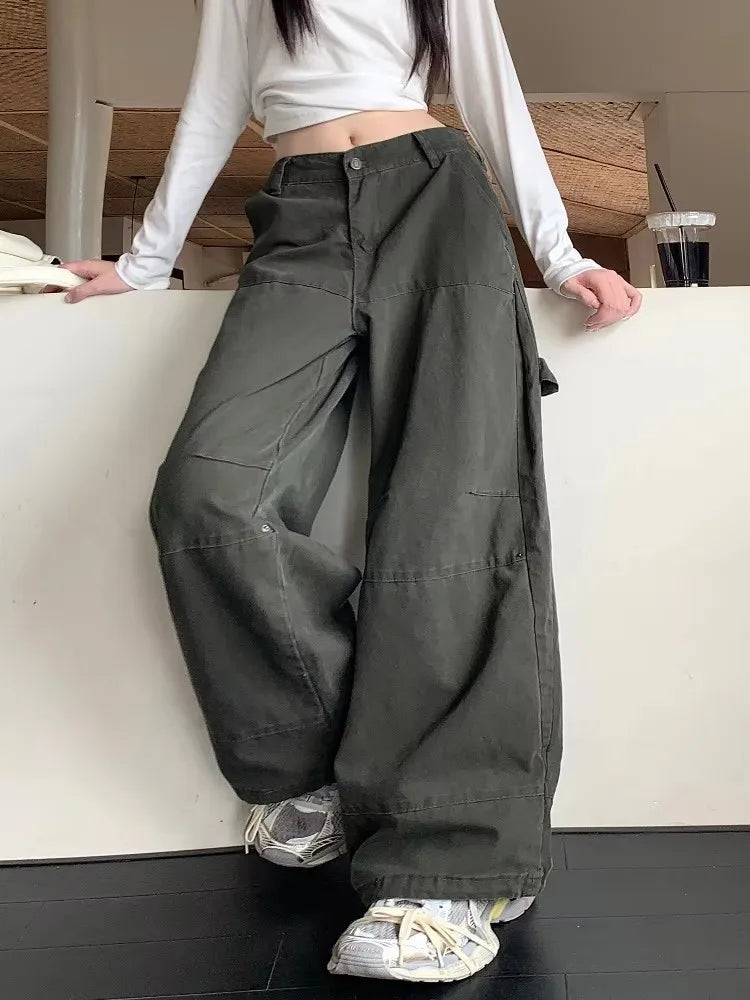 GR | Y2K Streetwear Vintage Grün Baggy Jeans Cargo-Hosen für Damen Designer Kleidung Weit Beinformte Legere Damenhosen