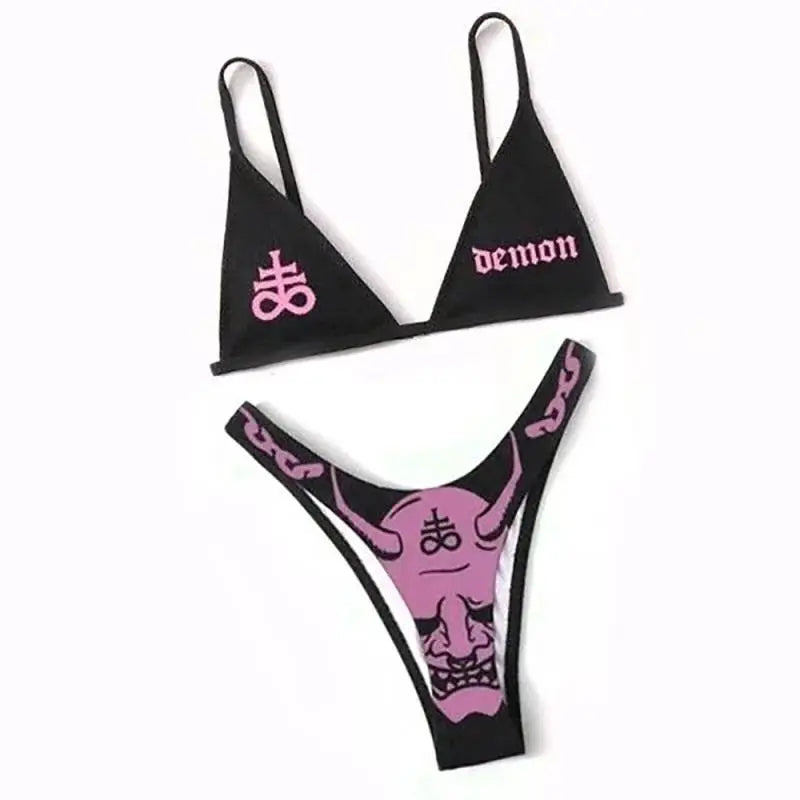 GR | Sexy Goth Bikini Women's Letter Skull Print Swimsuit Split Swimsuit High Waist Gothic Bikini Set Beach Outfits