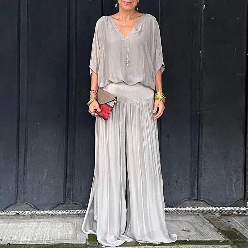 GR | Elegant two-piece set consisting of a chiffon top and wide-leg trousers