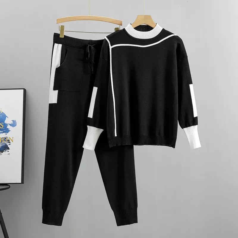 GR | Casual Autumn Knit Patchwork Top and Pants Set for Women