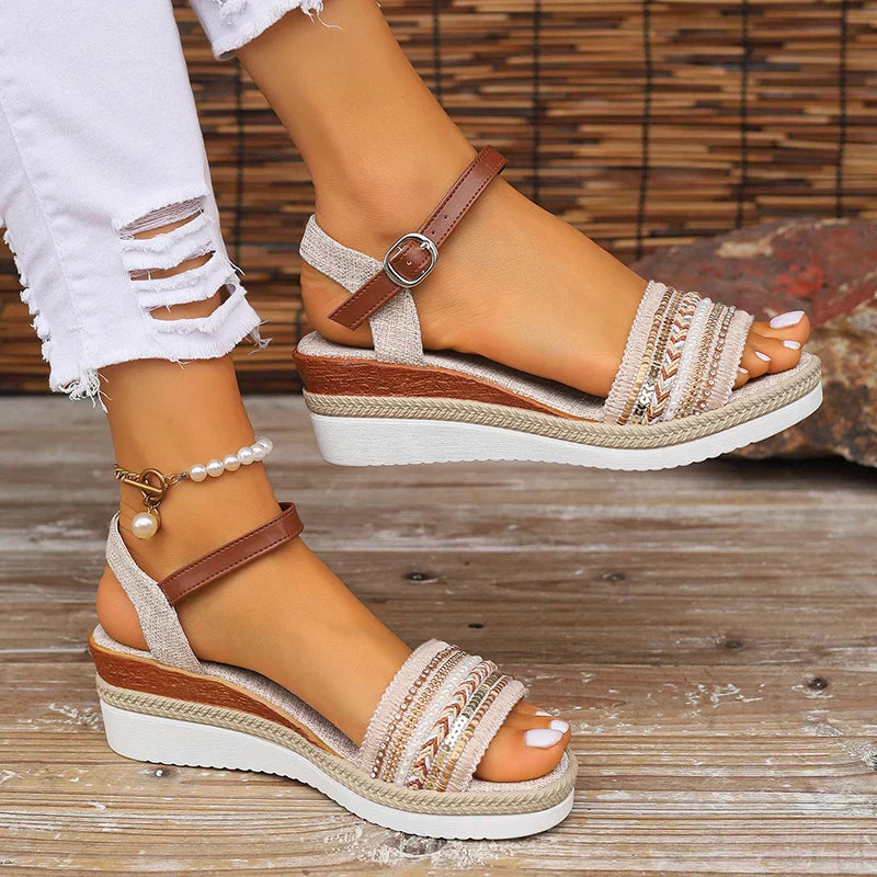 GR | Braided wedge sandals for women in Bohemian style with buckle straps