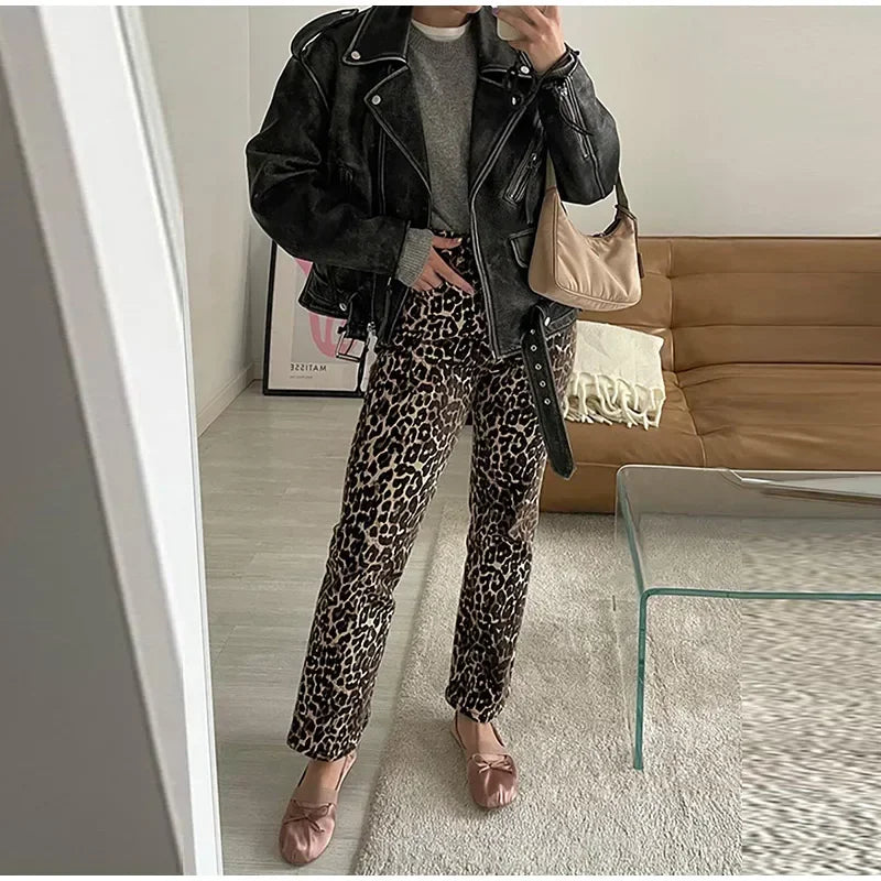 GR Leopard Print Jeans | Stylish slim streetwear women's pencil-style trousers