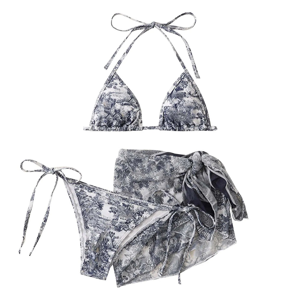 GR | Women's Three-Piece Swimwear Summer Push-Up High Waist Bikini Set with Cover-Up Skirt Tie Dyed Swimming Swimsuit Beachwear