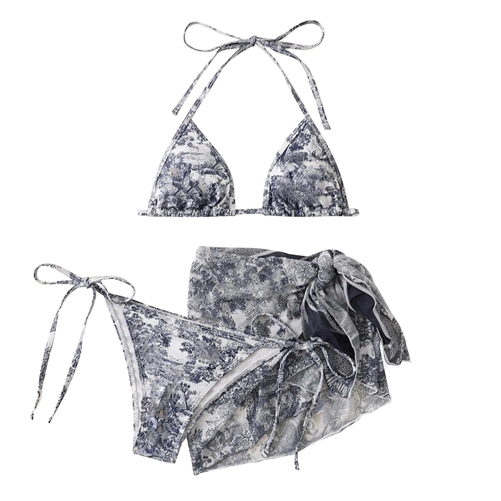GR | Women's Three-Piece Swimwear Summer Push-Up High Waist Bikini Set with Cover-Up Skirt Tie Dyed Swimming Swimsuit Beachwear