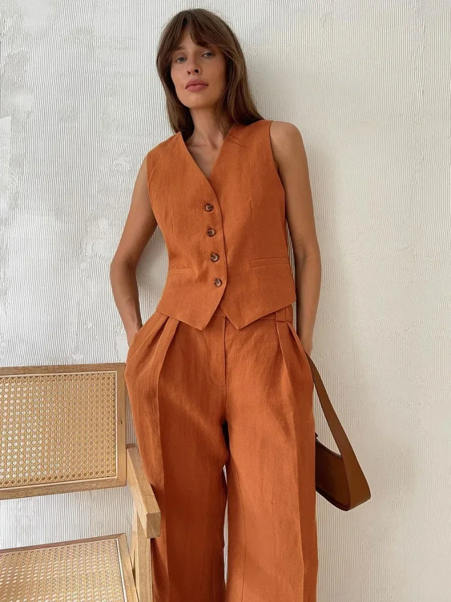 GR | Wool Feeling Women's Linen Cotton Chic Vest & Trousers Set Two-Piece Set Office Women's Summer Chic 2-Piece Set Women's Outfits