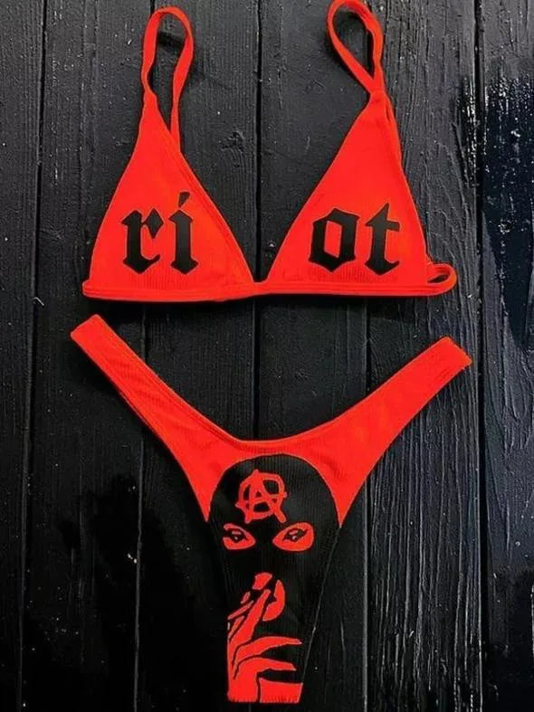 GR | Sexy Goth Bikini Women's Letter Skull Print Swimsuit Split Swimsuit High Waist Gothic Bikini Set Beach Outfits