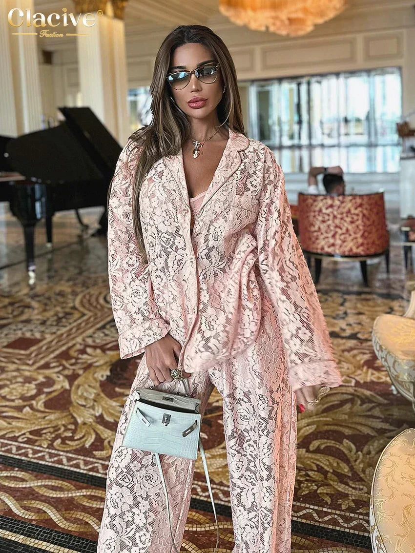 GR | Clacive Sexy Loose Black Lace Transparent Pants Set Women's 2 Piece Fashion Long Sleeve Shirt with High Waist Wide Pants Set