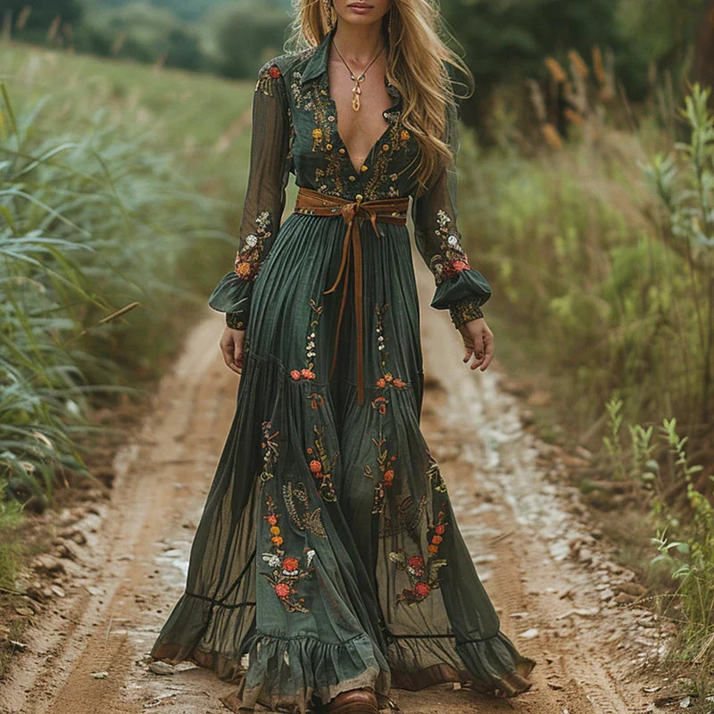 GR | Patterned Printed Long-Sleeved Pleated Dress
