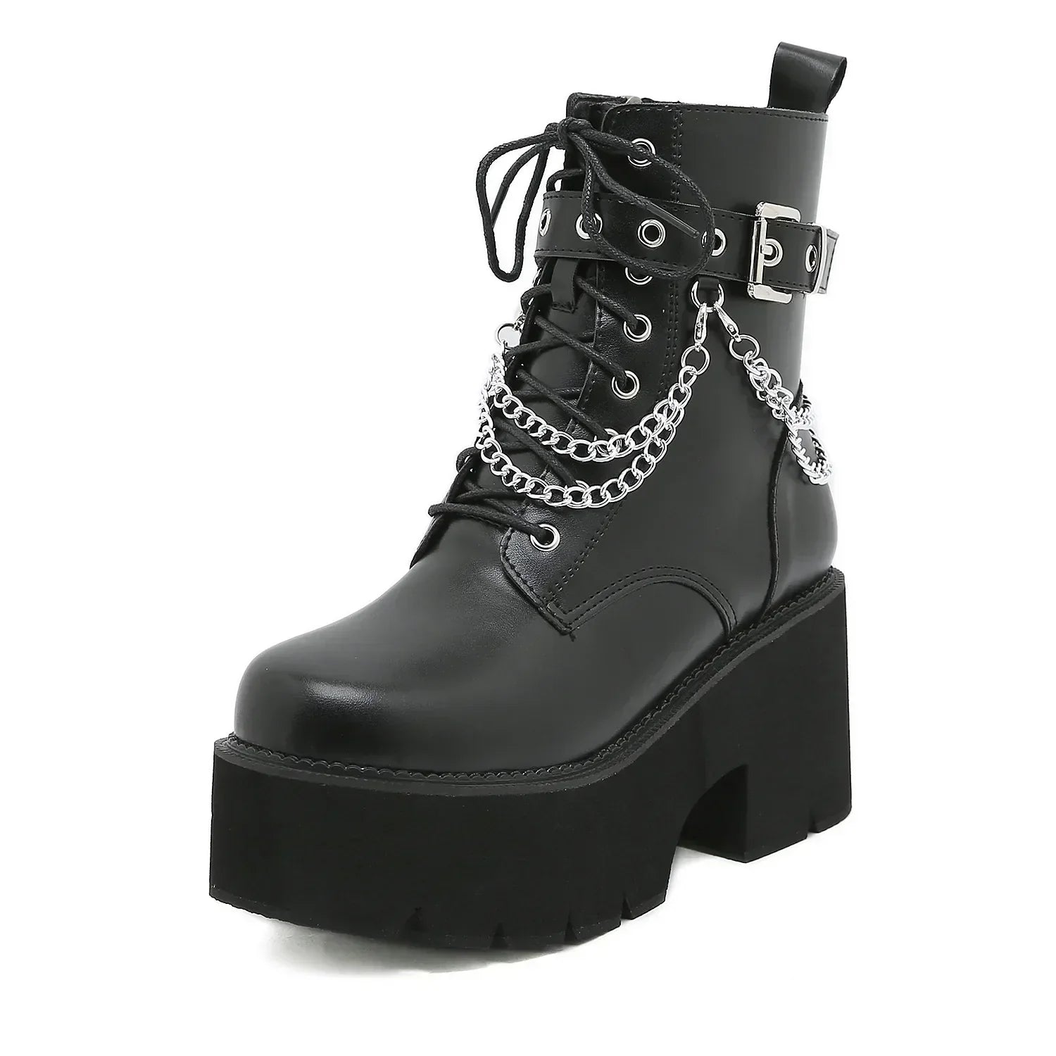 GR | Women's Platform Shoes Black Gothic Buckle PU Leather Creeper Punk Shoes Female Black Ankle Boots Short Combat Boots for Women