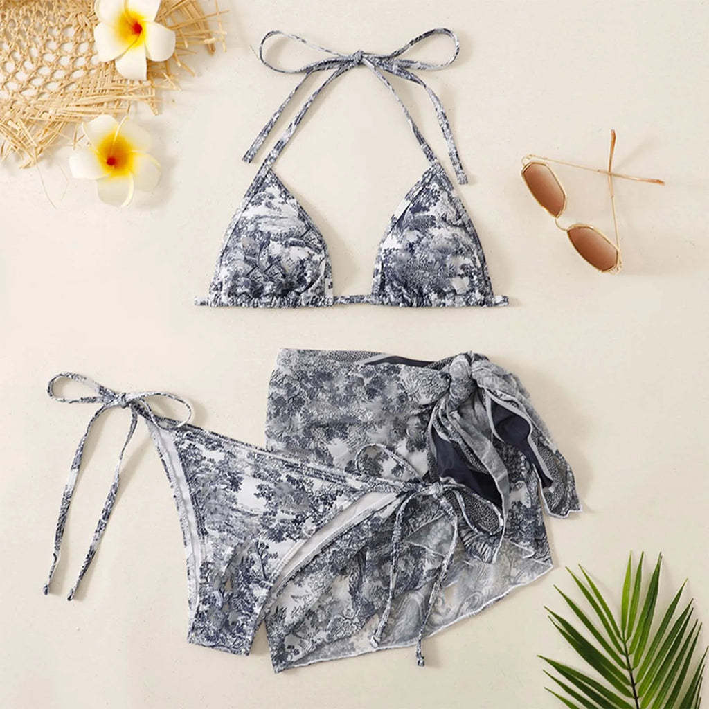 GR | Women's Three-Piece Swimwear Summer Push-Up High Waist Bikini Set with Cover-Up Skirt Tie Dyed Swimming Swimsuit Beachwear