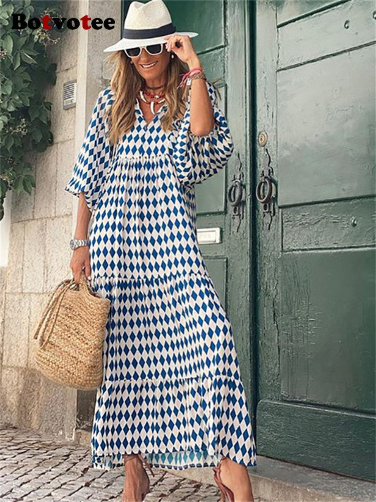 GR | Geometric dress with puff sleeves for women