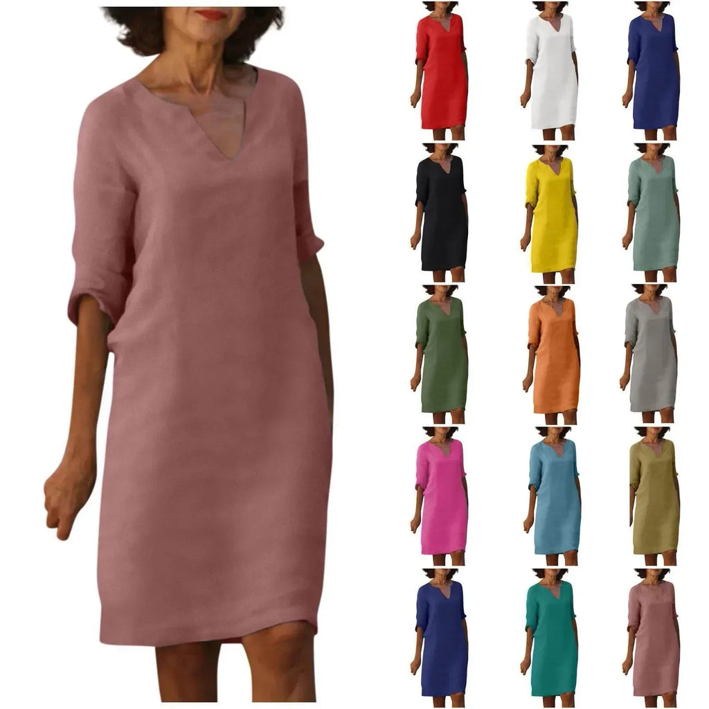 GR | Women's Cotton Linen V-Neck Dress with Half Sleeves
