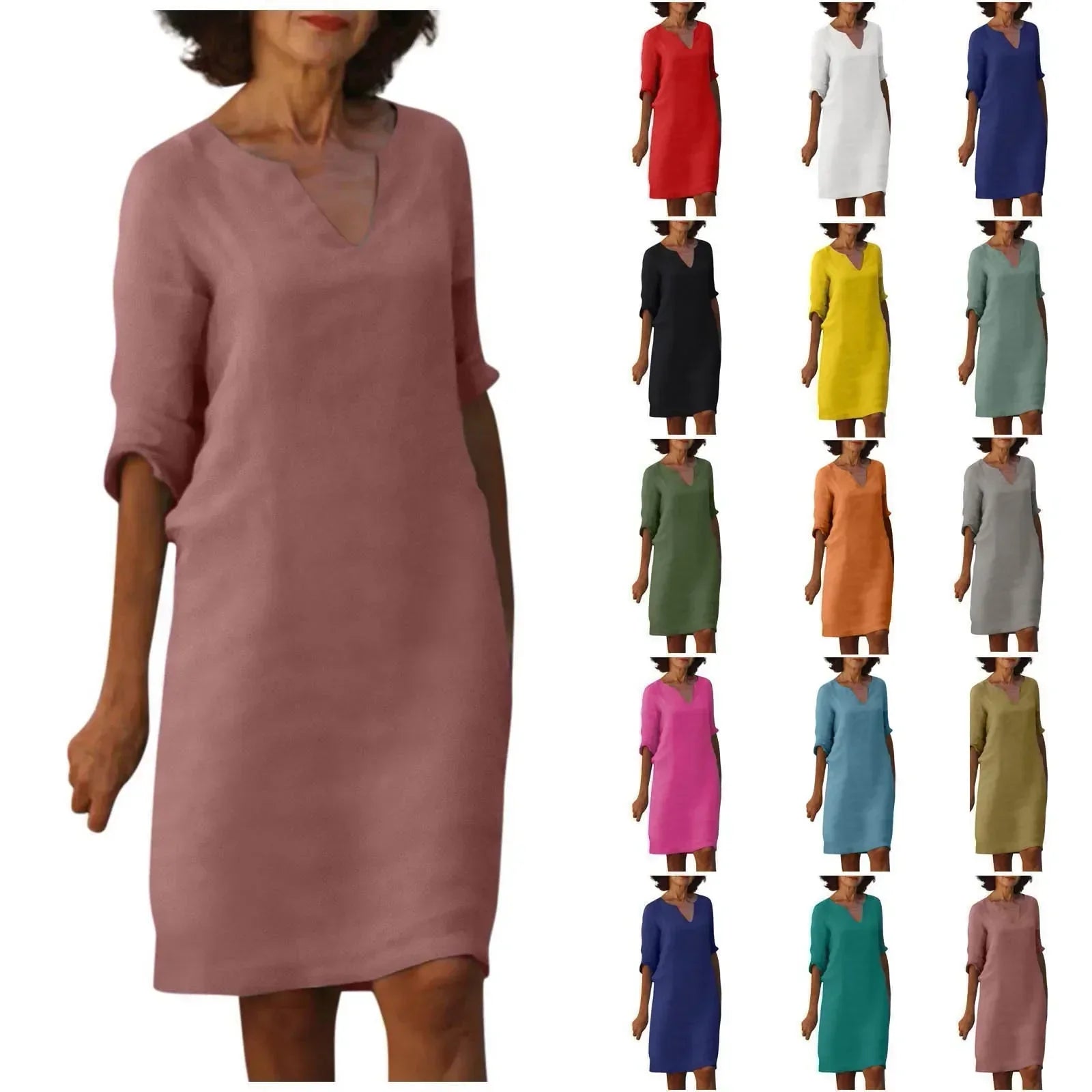 GR | Women's Cotton Linen V-Neck Dress with Half Sleeves