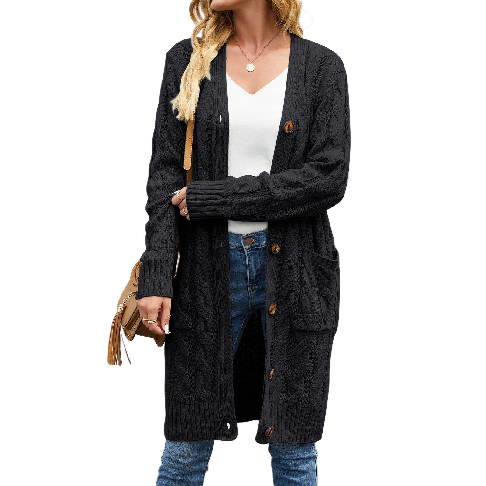 Long-sleeved knitted coat - women's cardigan with pockets for spring and autumn