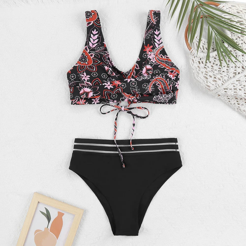 GR | Lace-up High Waist Bikini Women's Swimwear Women's Swimsuit Padded Push-Up Floral Swimsuit Women's Bikini Set