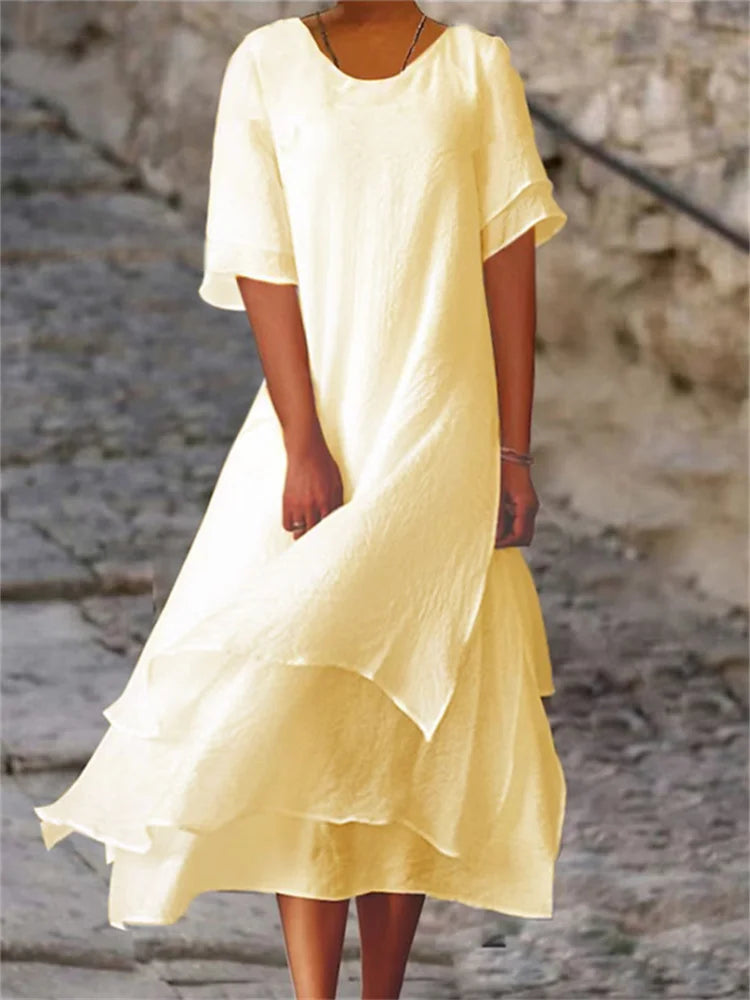 GR | Double-layered slit short-sleeved dress with round neckline