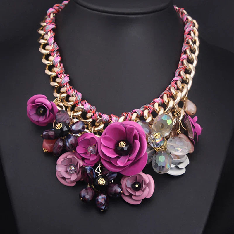 GR | Vintage Jewelry Elegant Prom Party Beauty Pageant Wedding Gift Floral Blossom Flower Chunky Statement Necklace for Women Accessories