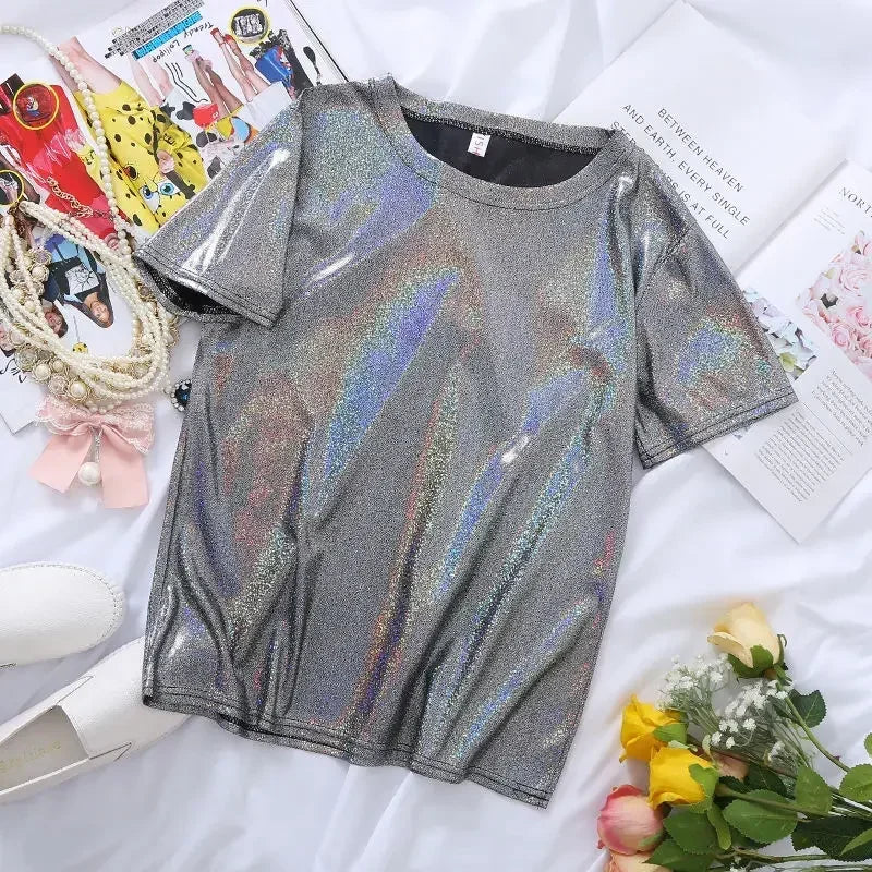 GR | S 5Xl Damen Funkelnd Shiny Metallisch Holografisch Rundhals Kurzarm Lässig Lose Top Festival Party T-Shirt Damenbekleidung