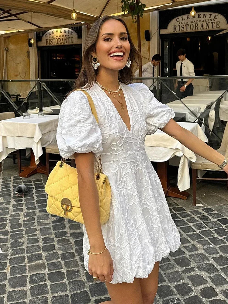 GR | Dress with Embroidered Puff Sleeves for Women