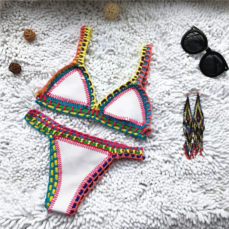 GR | Knitted 2-Piece Bikini Swimsuit for Women, Summer Beach Holiday Swimwear, Sexy Triangle Cup V-Neck Strappy Swimwear