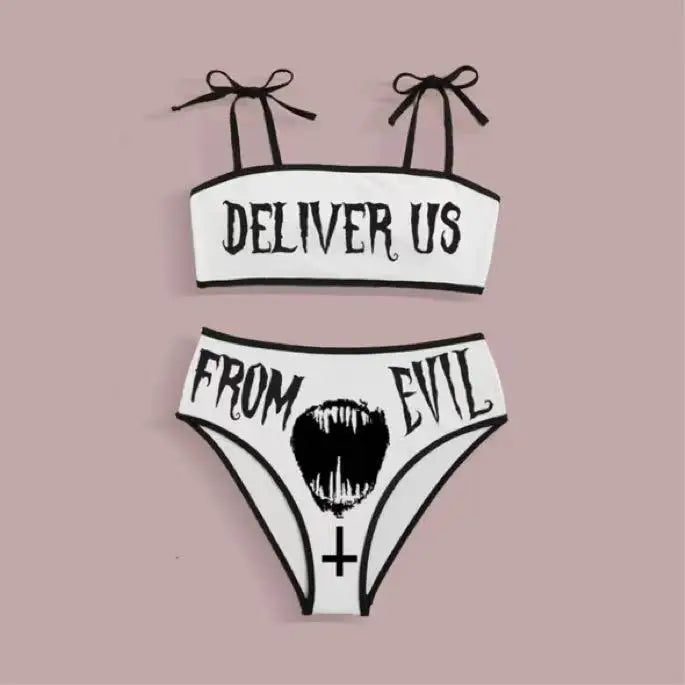 GR | Sexy Goth Bikini Women's Letter Skull Print Swimsuit Split Swimsuit High Waist Gothic Bikini Set Beach Outfits