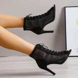 GR | Sandals Cave Mesh Heels Belt Buckle Women's Summer Beige Lace-up Sexy Open Toe Stiletto Jazz Dance Party Women's Shoes