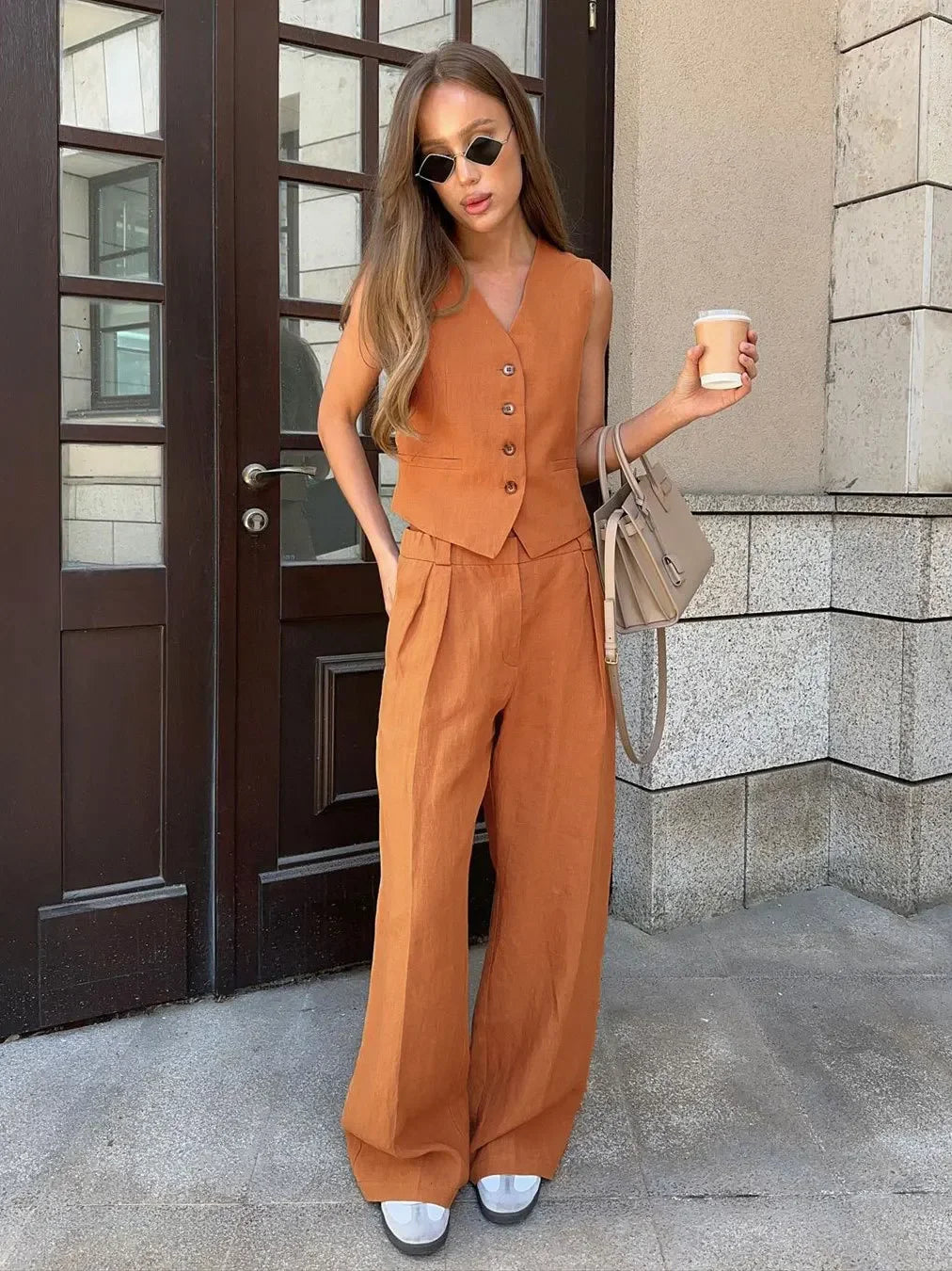 GR | Wool Feeling Women's Linen Cotton Chic Vest & Trousers Set Two-Piece Set Office Women's Summer Chic 2-Piece Set Women's Outfits